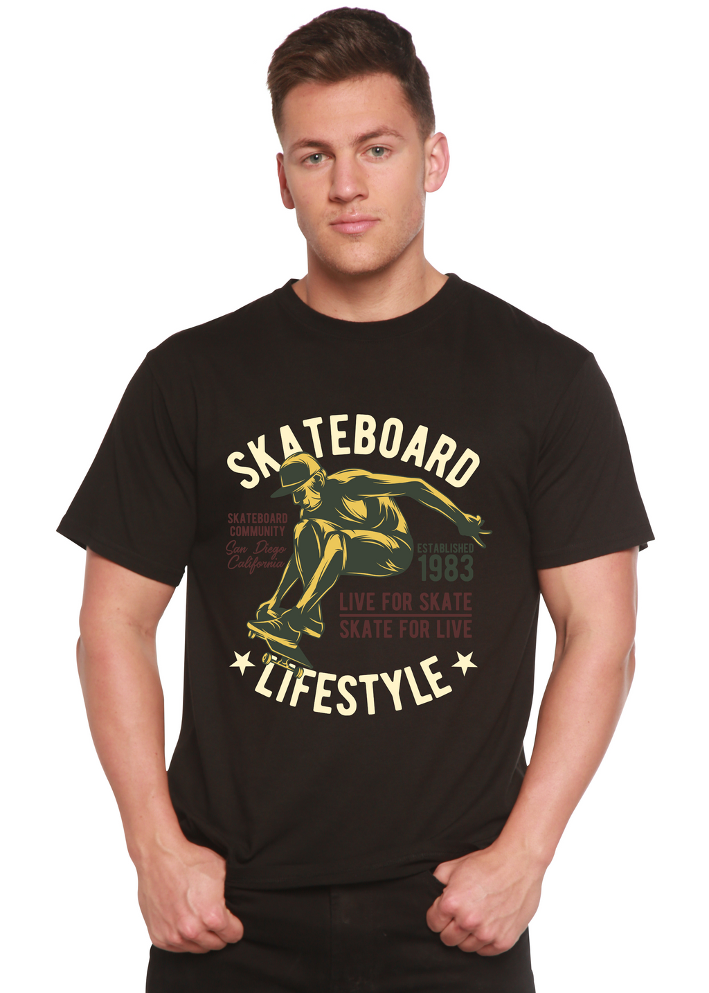 T-shirt à manches courtes et motif en viscose de bambou/coton biologique pour homme Skateboard Lifestyle