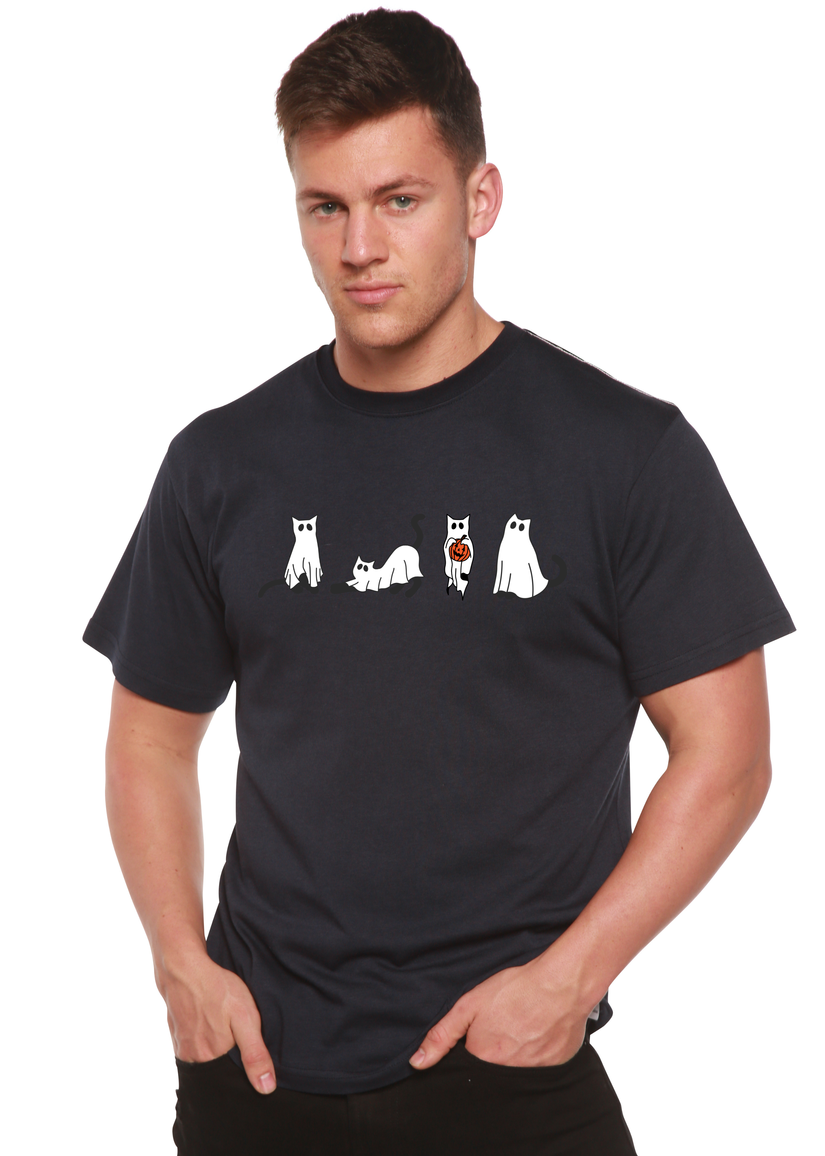 T-shirt graphique à manches courtes en viscose de bambou/coton biologique pour homme - Chats d'Halloween