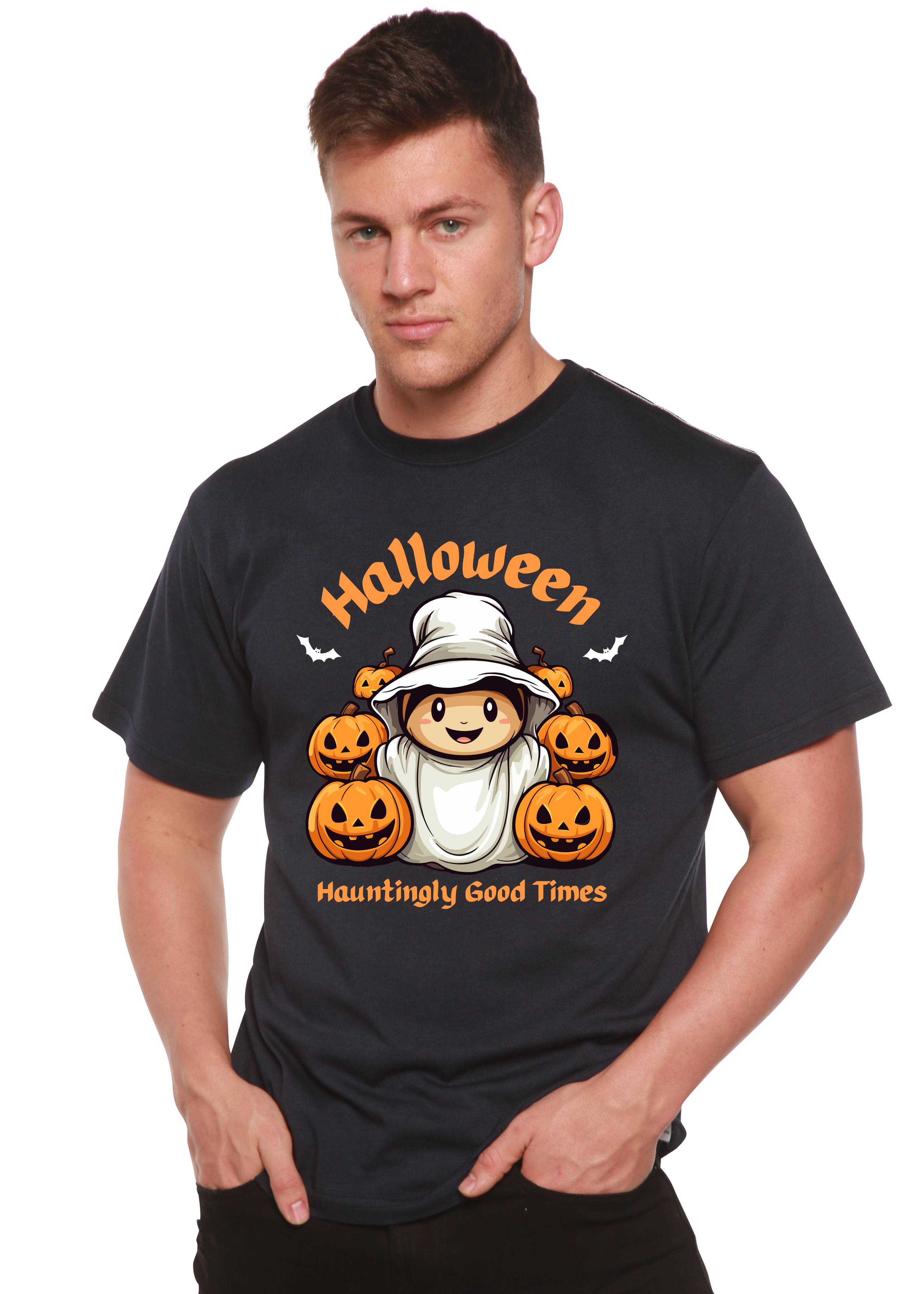 T-shirt graphique à manches courtes en viscose de bambou/coton biologique pour homme sur le thème "Halloween : L'horreur amusante"