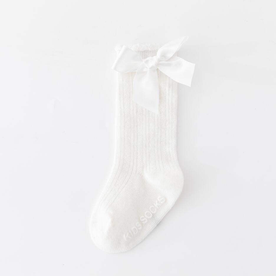 Nouvelles chaussettes extensibles pour enfants, tout-petons, filles, avec grand nœud, hauteur genou, longues, en coton doux, en dentelle, confortables, colorées
