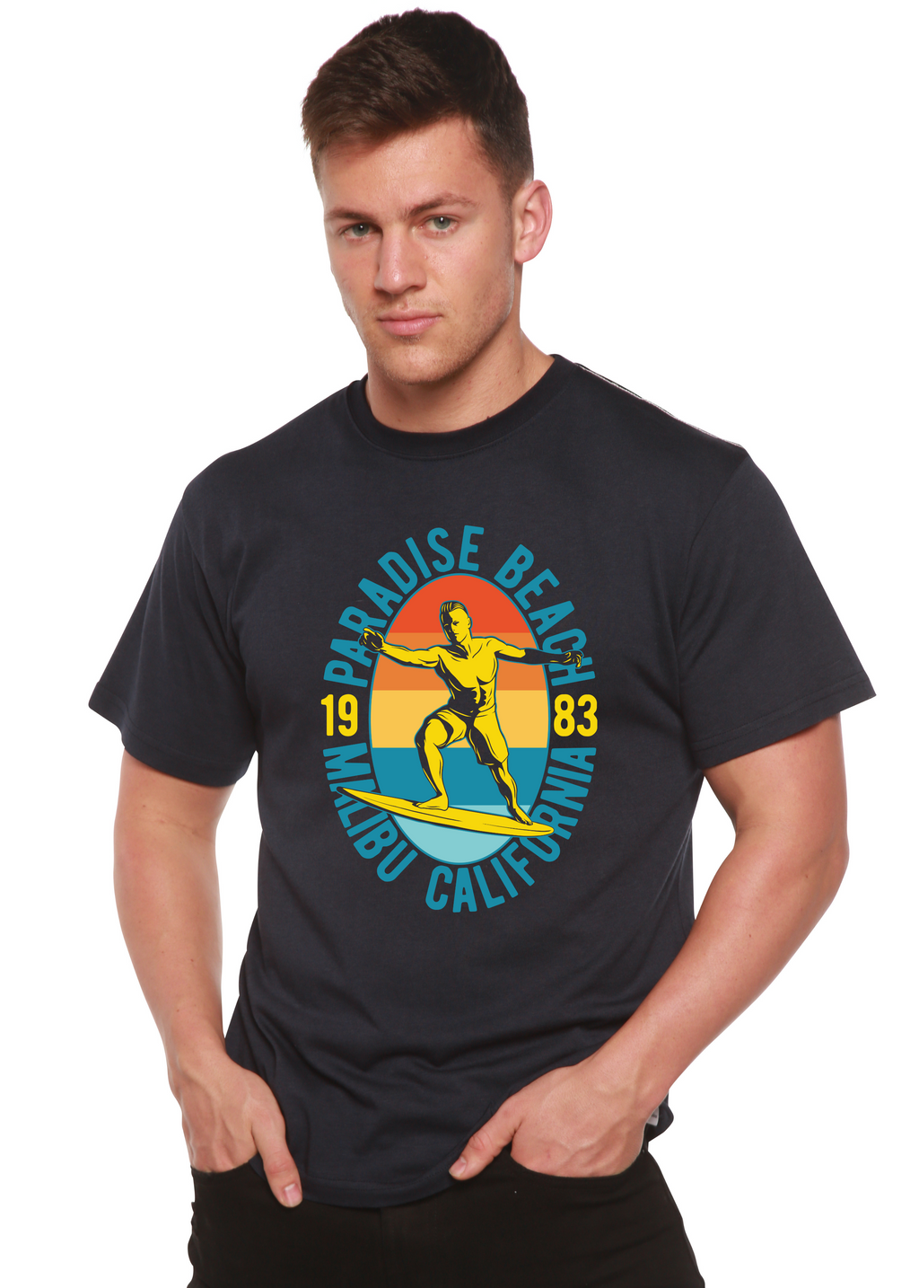 T-shirt graphique Paradise Beach 1983 à manches courtes en viscose de bambou/coton biologique pour homme
