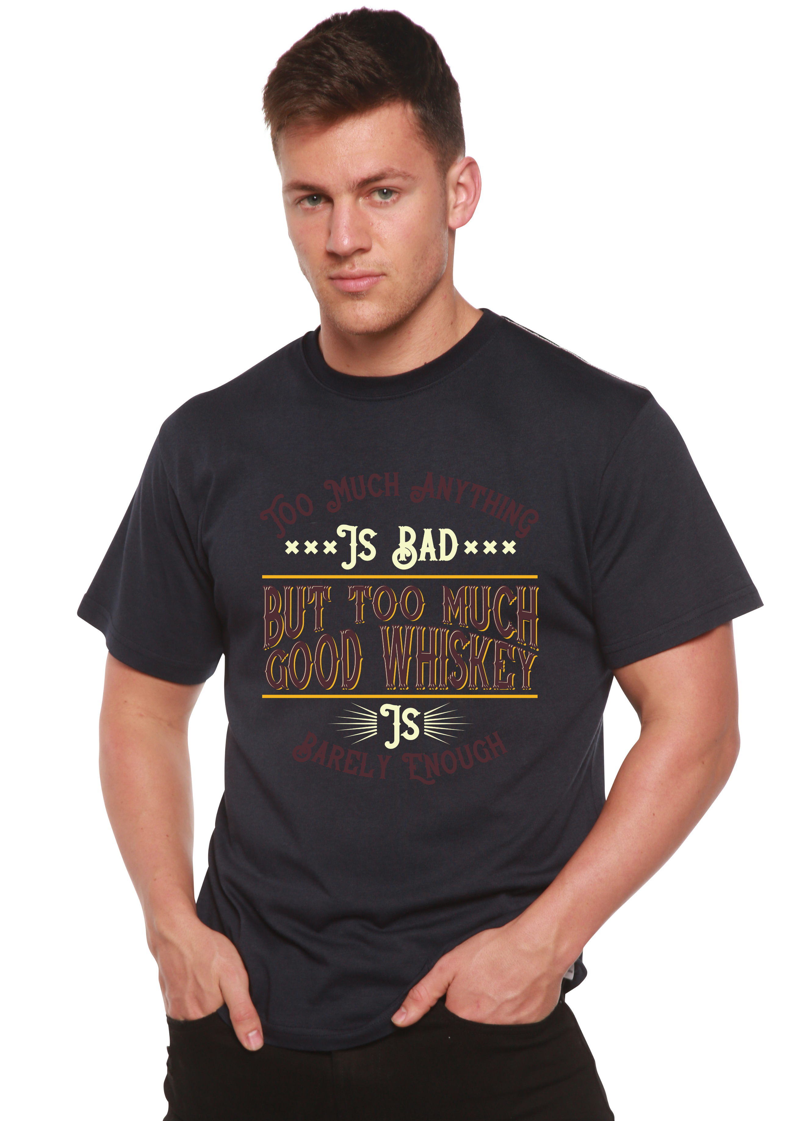 T-shirt graphique à manches courtes en viscose de bambou/coton biologique pour homme But Too Much Good Whiskey