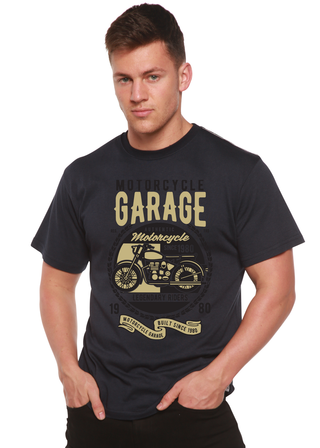 T-shirt graphique à manches courtes pour homme, en bambou, viscose et coton biologique, motif garage moto