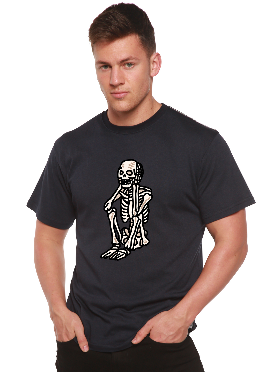 T-shirt graphique unisexe squelette triste Halloween en bambou viscose/coton biologique à manches courtes