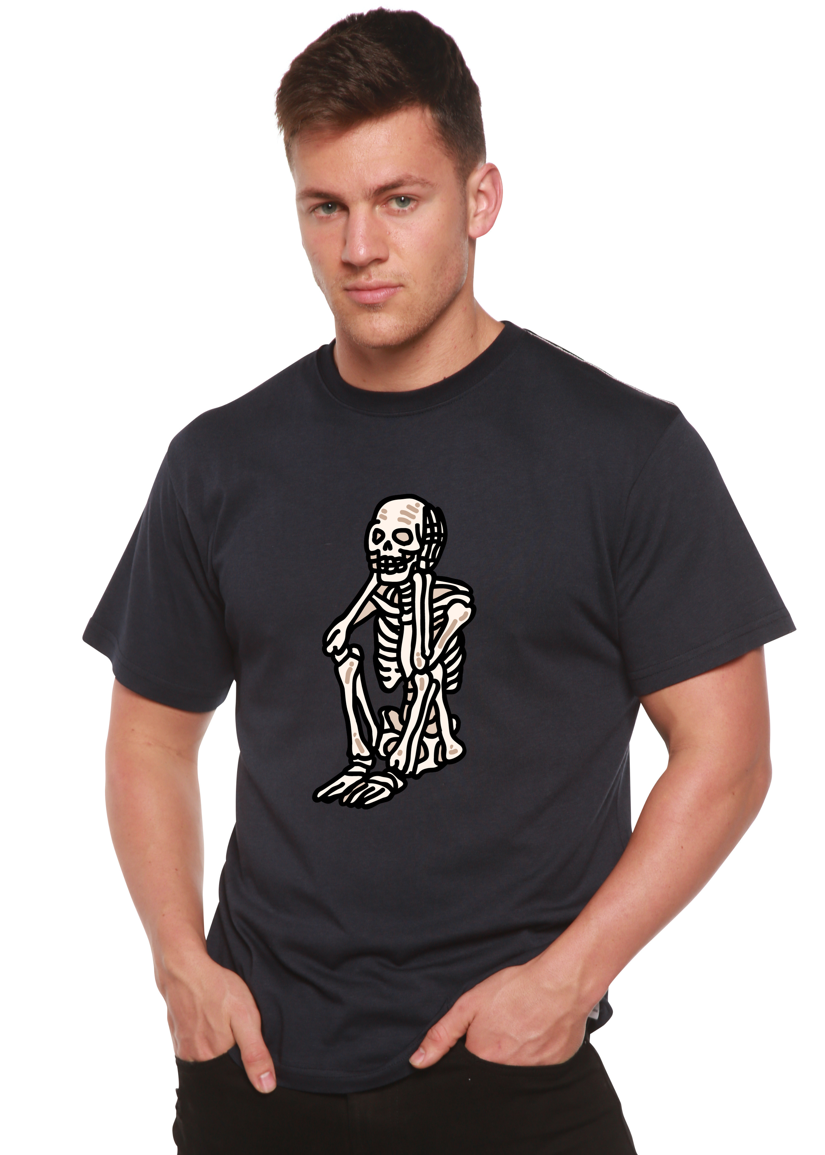 T-shirt graphique unisexe squelette triste Halloween en bambou viscose/coton biologique à manches courtes