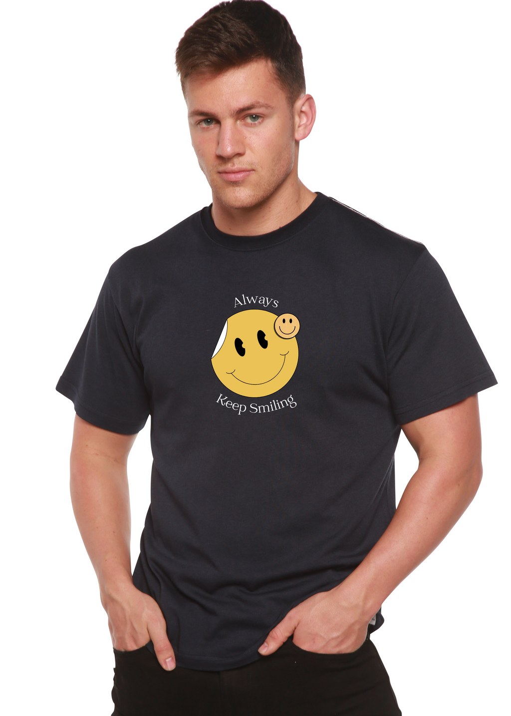 T-shirt graphique à manches courtes en bambou-viscose/coton biologique pour homme avec inscription « Always Keep Smiling »