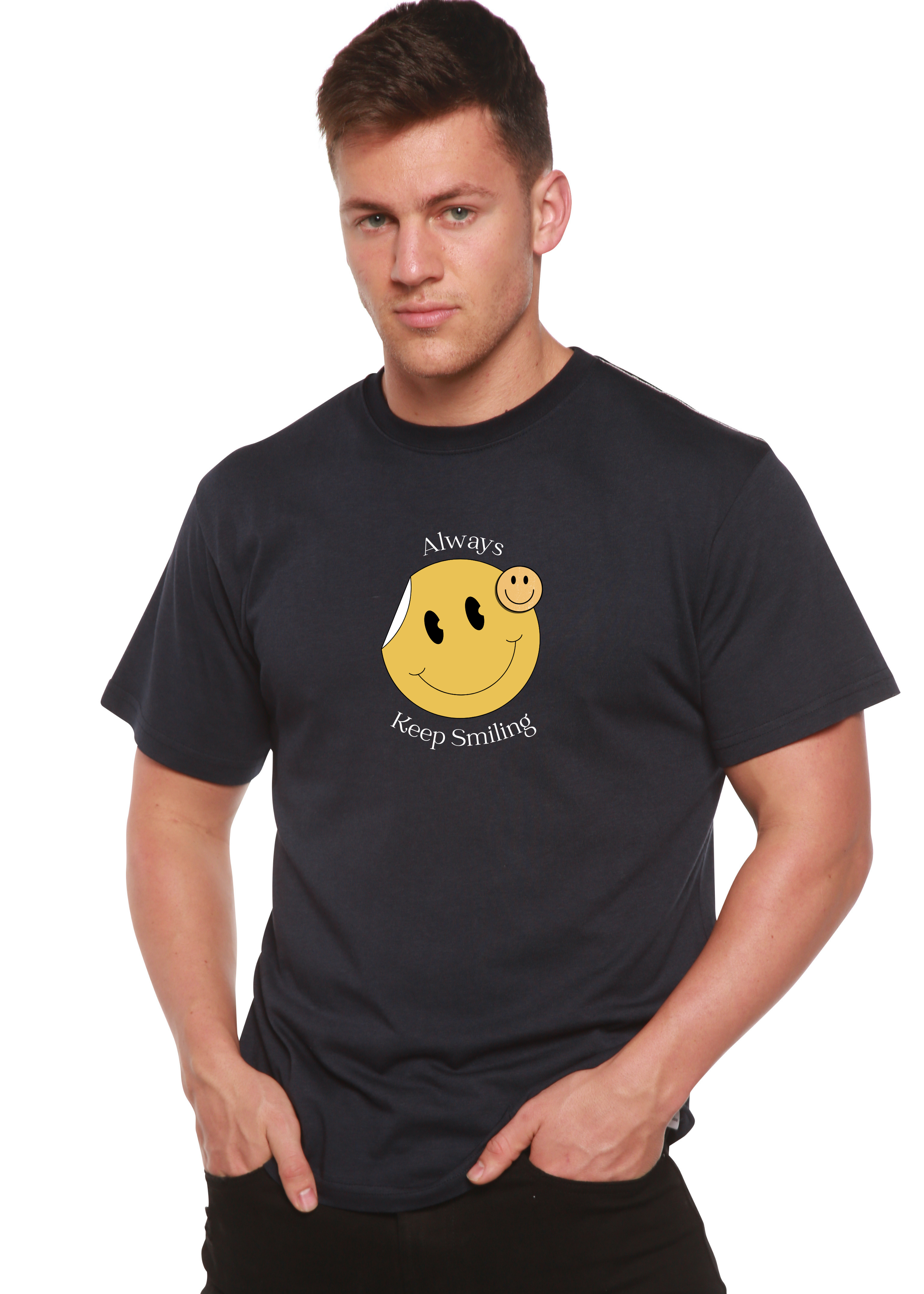 T-shirt graphique à manches courtes en bambou-viscose/coton biologique pour homme avec inscription « Always Keep Smiling »