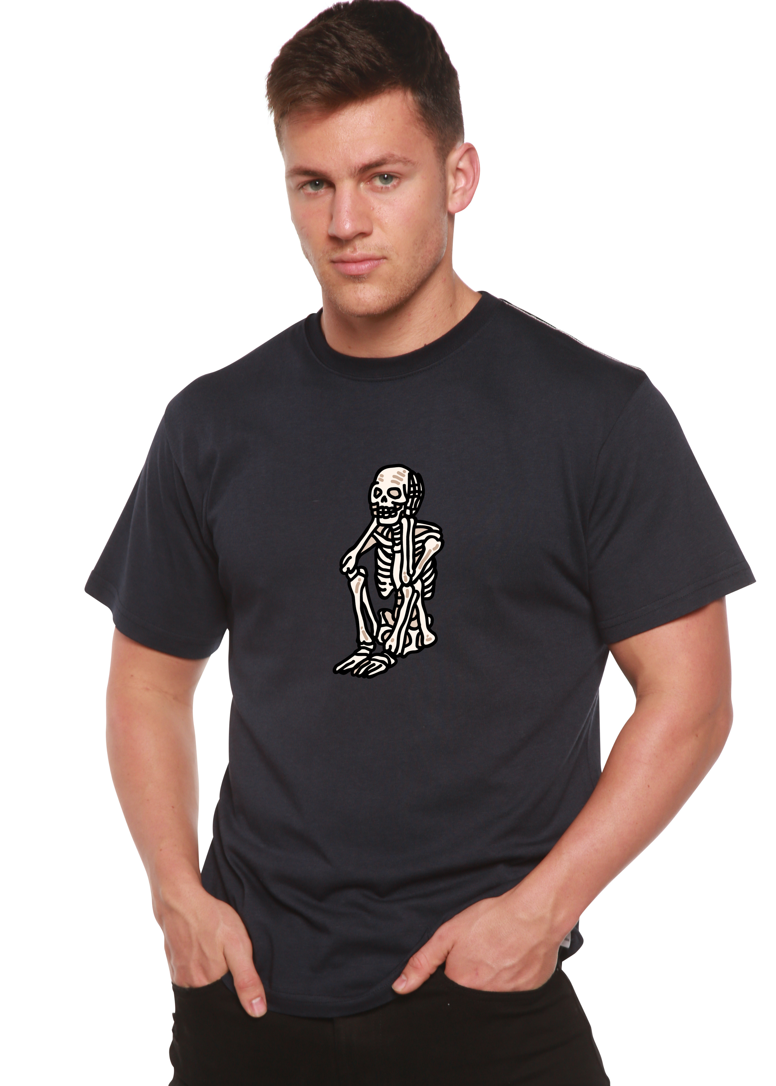 T-shirt graphique unisexe squelette triste Halloween en bambou viscose/coton biologique à manches courtes