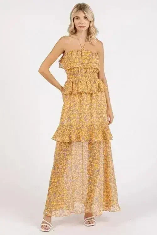 Robe longue à fleurs froncée et à col bénitier Mittoshop