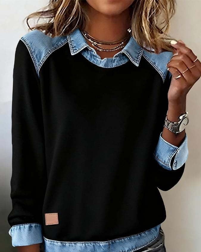 Pull en maille style patchwork avec col en jean – Style urbain pour femme