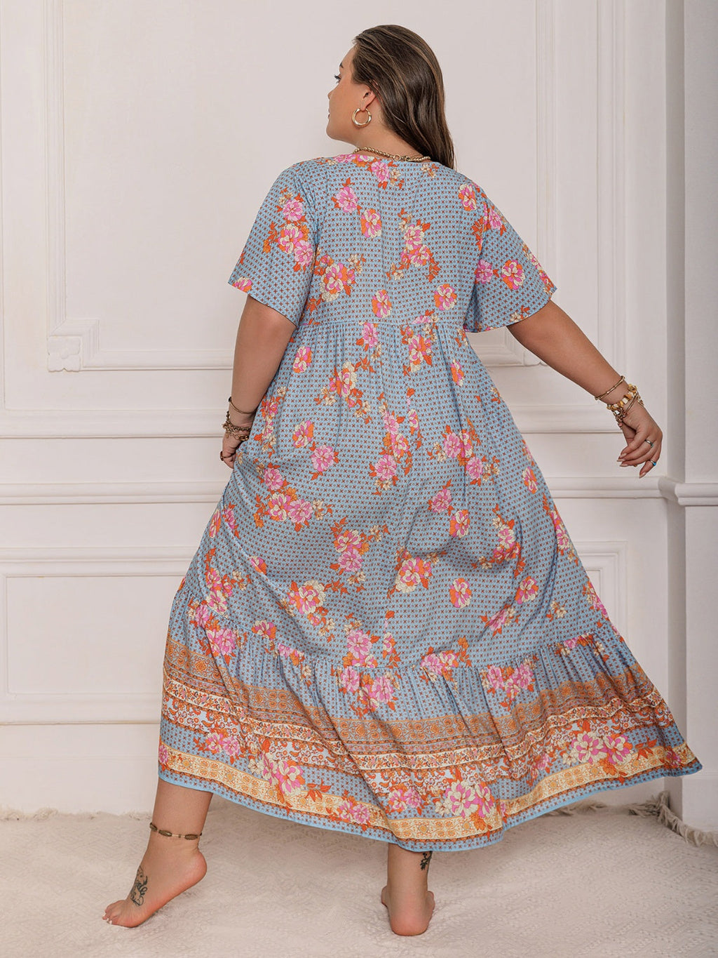 Robe longue à manches flottantes imprimée rose violet taille plus Élégante et fluide Design unique