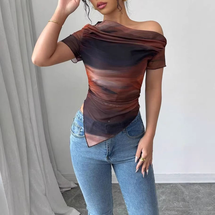 Haut froncé asymétrique tie-dye en maille à une épaule pour femme – T-shirt extensible pour sortir