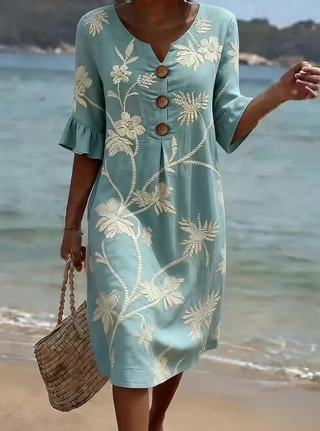 Robe ample d'été à col en V imprimé noix de coco pour femme avec manches trois quarts