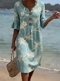 Robe ample d'été à col en V imprimé noix de coco pour femme avec manches trois quarts