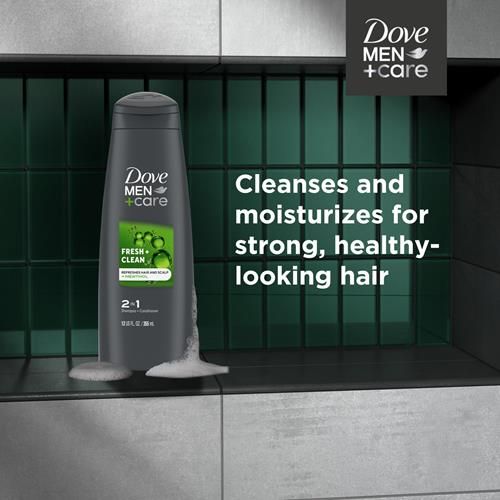 Dove Men+Care Shampoing et revitalisant fortifiants 2 en 1 Fraîcheur et propreté à la caféine pour cheveux normaux à gras Aide à renforcer et nourrir les cheveux 355 ml