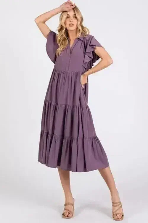 Robe midi à col et volants, coupe trapèze et décolleté en V – femstylo