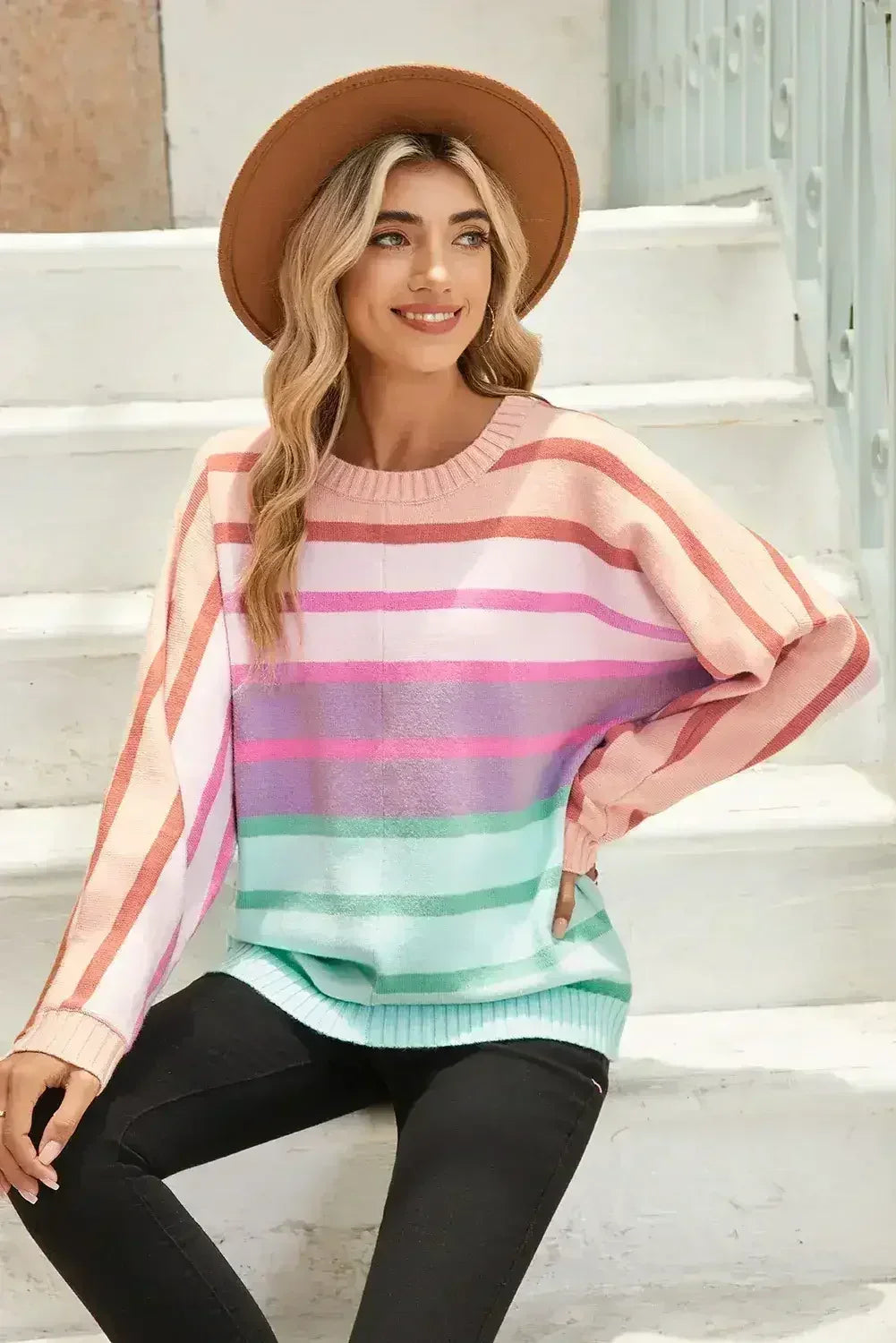 Pull ample à dégradé, bords côtelés rayés multicolores