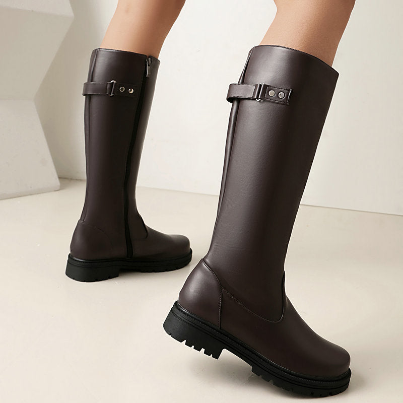 Bottes d'équitation rétro style britannique pour femmes – Bottes hautes à boucle de ceinture en cuir