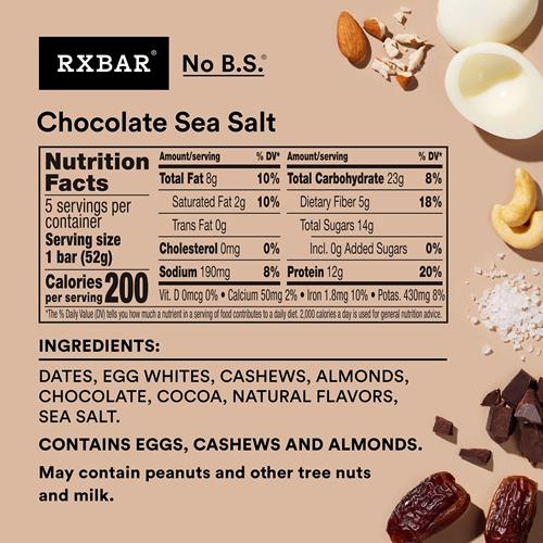 Barres protéinées Rxbar, En-cas protéiné, Barres d'en-cas, Chocolat et sel de mer, 9,1 oz (5 barres)