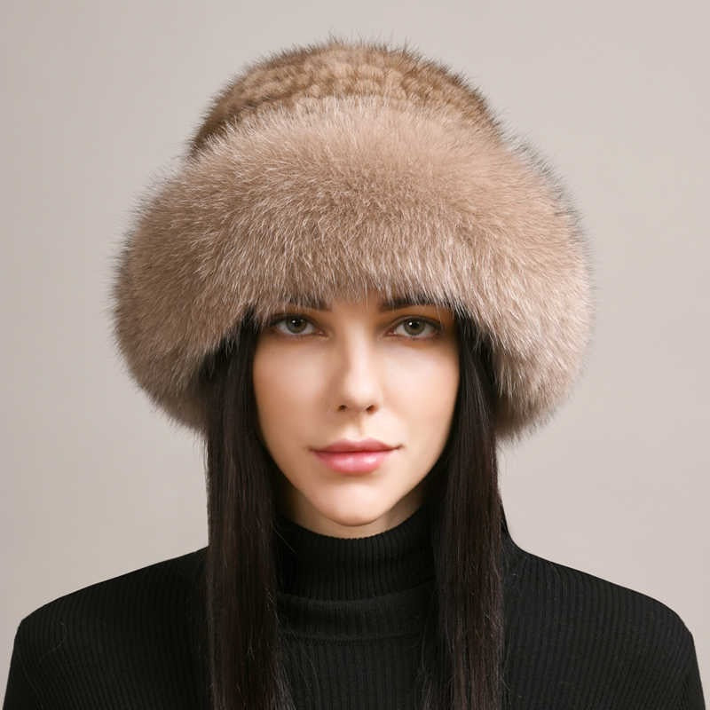 Bonnet d'hiver en fourrure de vison tressée chaude et élégante pour femme