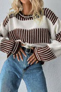 Pull deux tons marron à rayures, patchwork et épaules tombantes