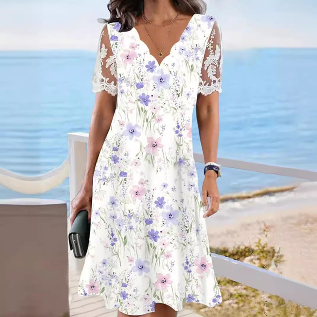 Robe midi évasée à taille haute, en dentelle florale et encolure à volants pour femme