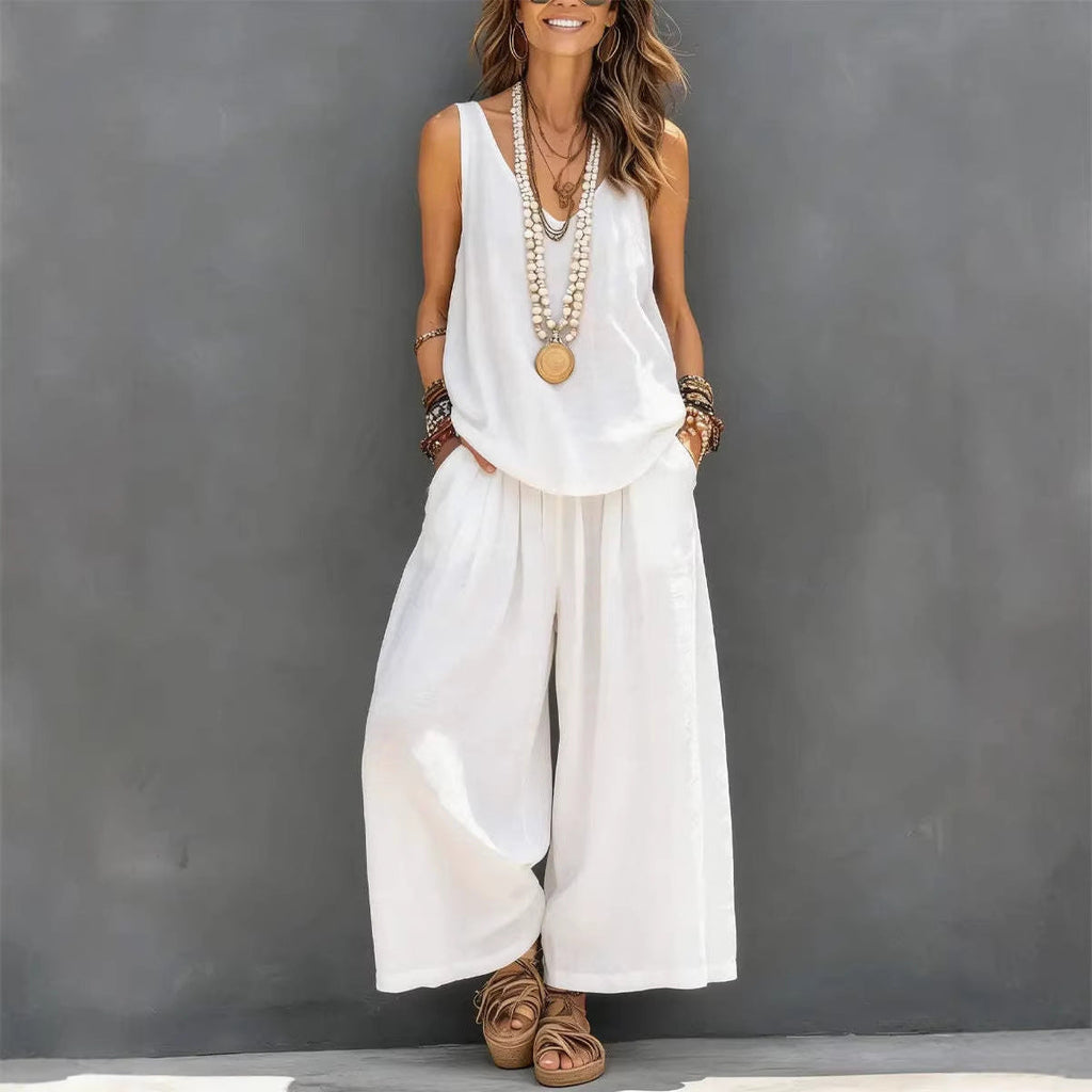 Ensemble débardeur sans manches et pantalon large en coton et lin pour femme