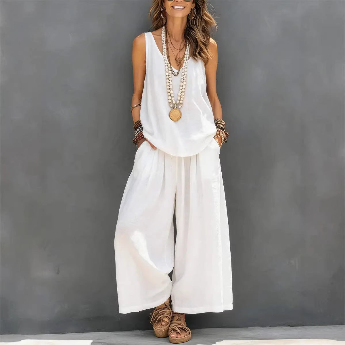 Ensemble débardeur sans manches et pantalon large en coton et lin pour femme