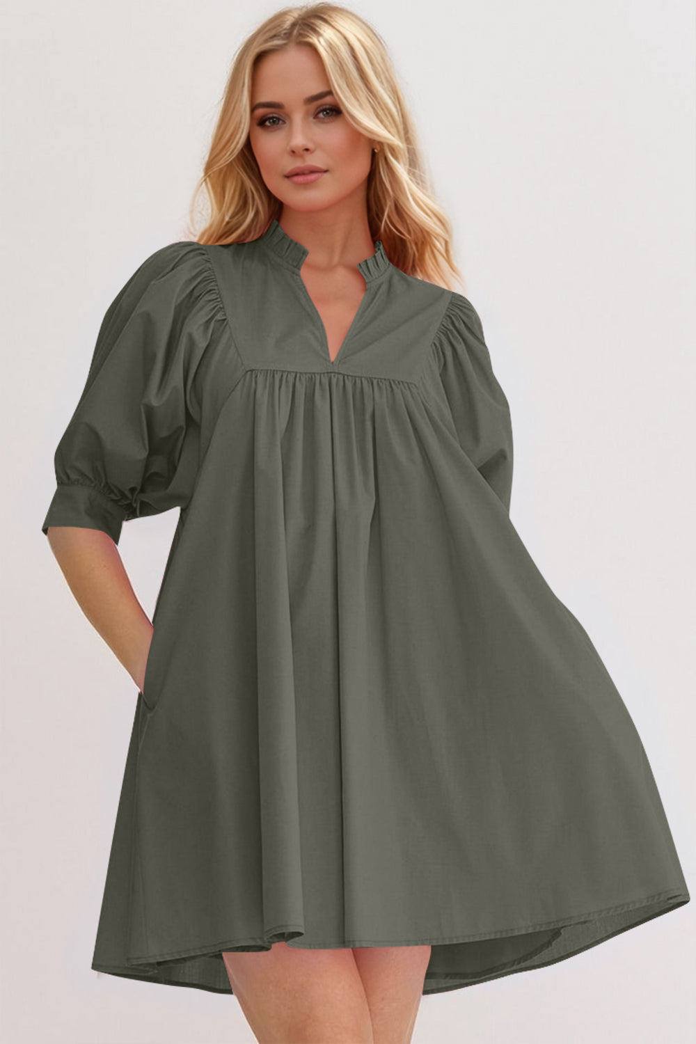 Mini-robe rose à manches bouffantes Robe décontractée et féminine pour femme Robe d'été simple et classique