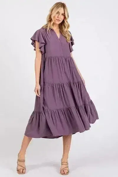 Robe midi à col et volants, coupe trapèze et décolleté en V – femstylo
