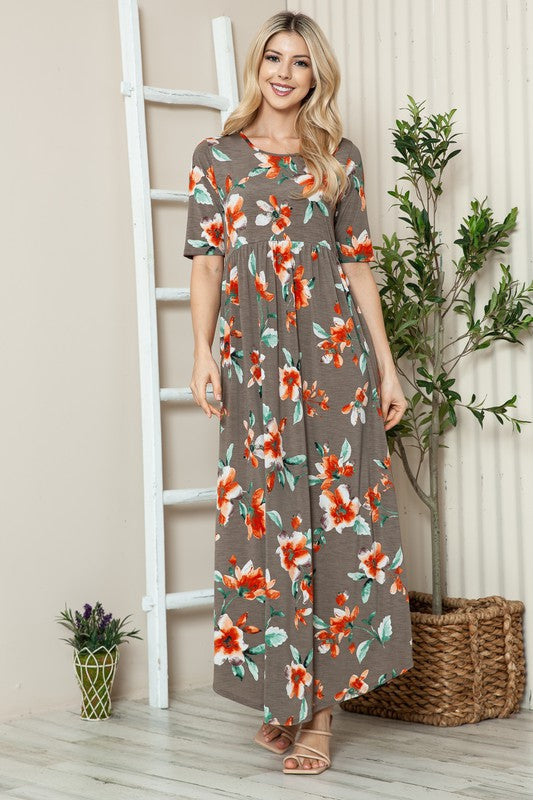 Robe longue T-shirt fleurie à col rond et manches courtes – Robe longue fleurie décontractée et confortable avec coupe ample et manches courtes