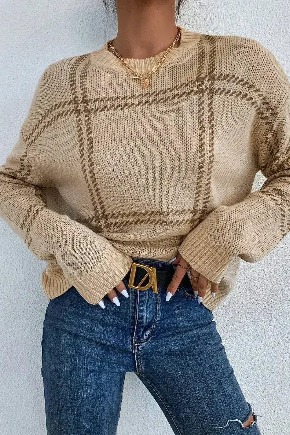 Pull en maille à carreaux kaki avec épaules tombantes