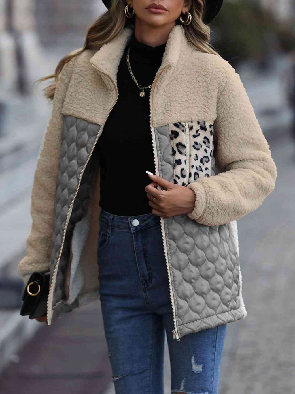 Veste zippée unique à imprimé léopard et blocs de couleur pour l'automne, Veste légère tendance avec poches, Charmante veste d'hiver