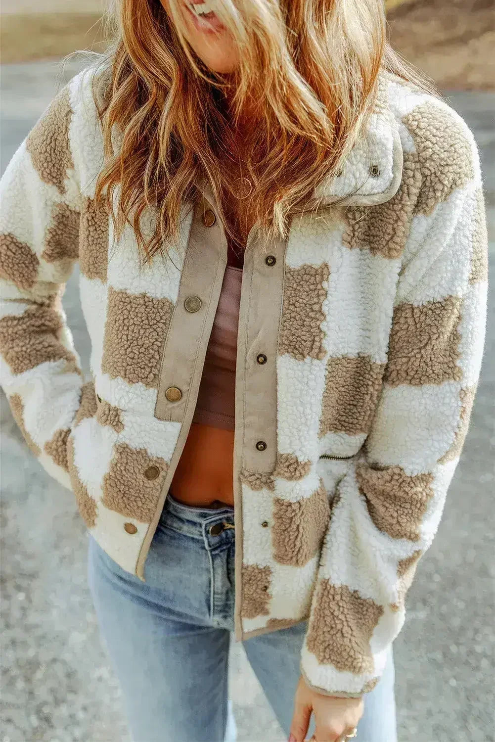 Veste à carreaux Sherpa - Boutons-pression marron à carreaux - Doublure polaire confortable