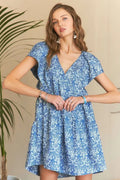 Nouvelle mini-robe d'été à imprimé col en V et manches à volants – Robe à imprimé floral féminine, élégante, mode, séduisante et amusante