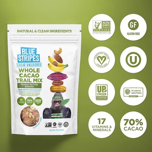 Mélange montagnard Blue Stripes au beurre de cacahuètes, banane et cacao entier, 227 g
