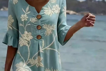 Robe ample d'été à col en V imprimé noix de coco pour femme avec manches trois quarts