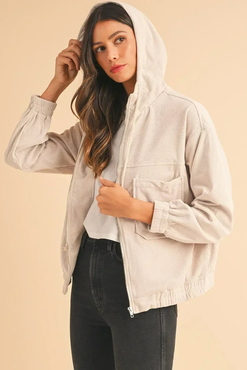 Veste à capuche zippée en velours côtelé bleu sarcelle véritable – Femstylo