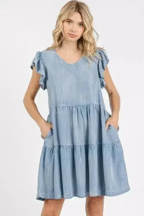 Robe mini col V féminine – Manches à volants et tissu Tencel | Femstylo