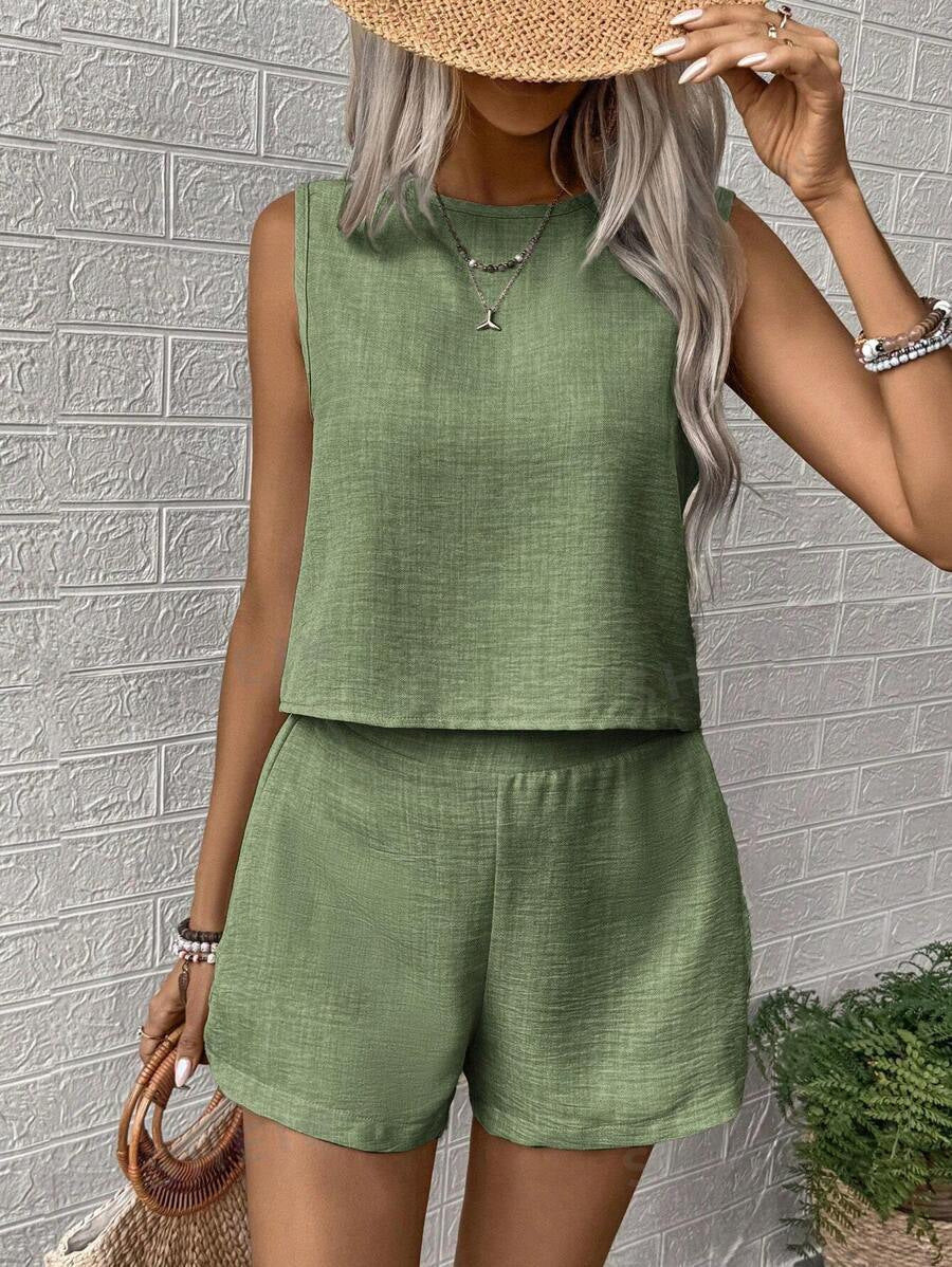 Ensemble gilet sans manches et short de couleur unie pour femme