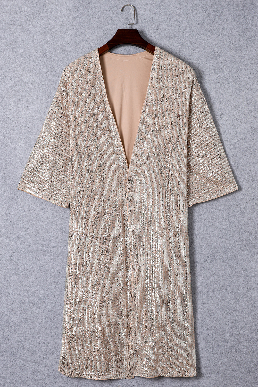 Cardigan long style duster à paillettes abricot et manches 3/4 - Femstylo