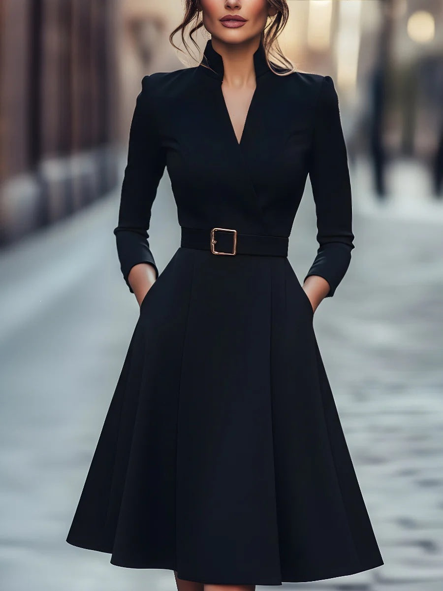 Robe trapèze midi à col en V et manches longues – Robe d'automne hiver pour femme