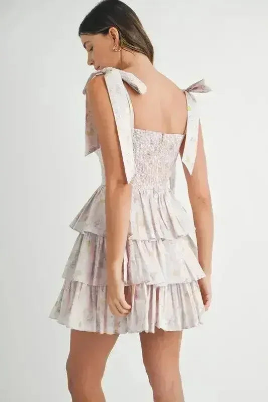 Mini-robe étagée à imprimé floral MABLE avec bretelles à nouer aux épaules