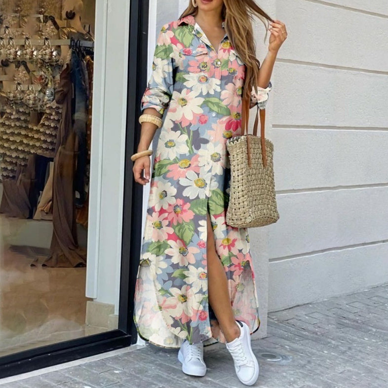 Robe longue chemise à col revers pour femme – Coupe décontractée mi-longue à imprimé floral