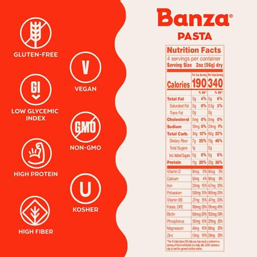 Banza Pâtes Rotini aux Pois Chiches - Sans Gluten, Riches en Protéines et Moins Glucidiques, Pâtes Rotini Protéinées aux Pois Chiches - 227 g