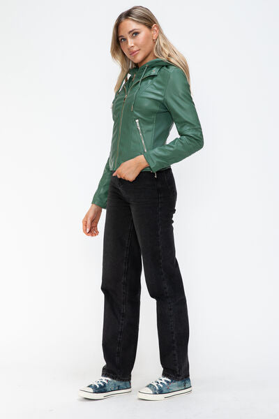 Veste à capuche en similicuir zippée avec cordon de serrage pour femme, élégante et décontractée, en cuir PU pour le streetwear