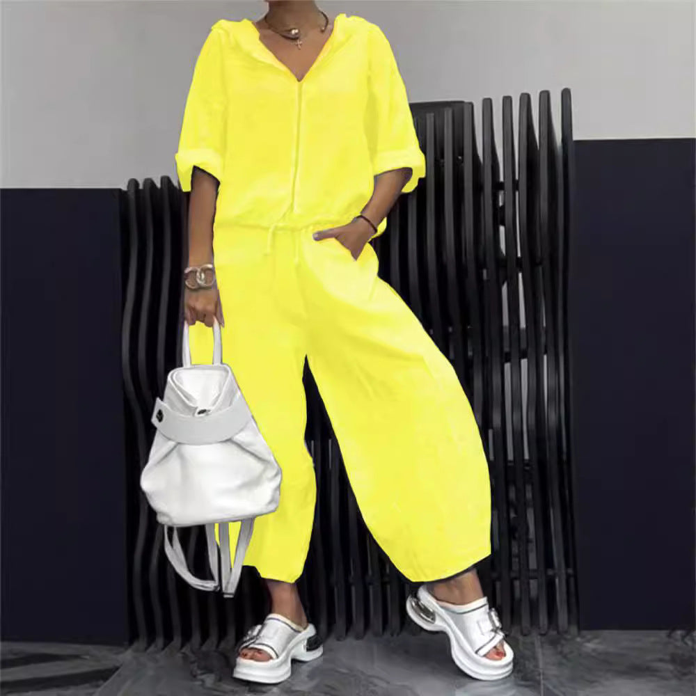 Ensemble haut et pantalon femme en coton et lin à manches longues