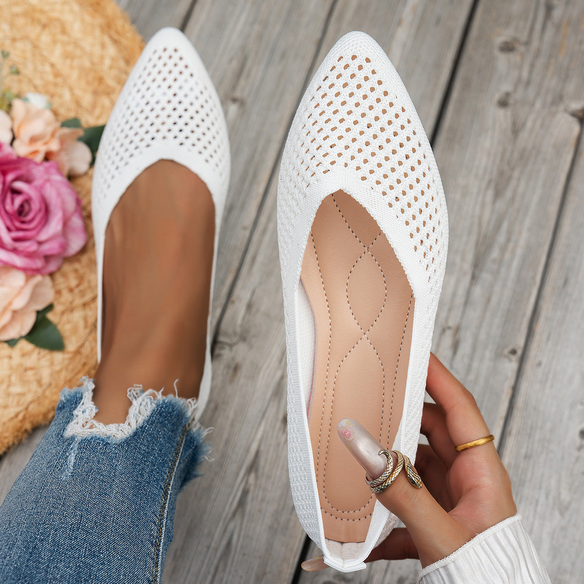 Mocassins plats décontractés pour femme en tricot Flyknit à bout pointu