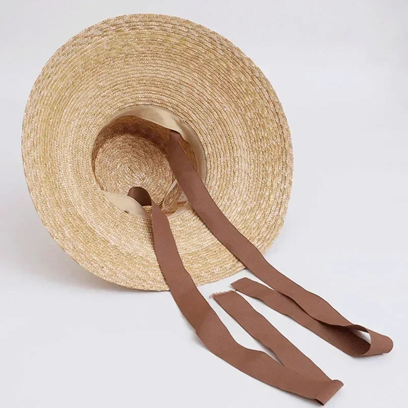 Chapeau de Paille Femme à Large Bord avec Mentonnière Chapeau de Soleil d'Été Anti-UV Chapeau de Plage avec Cordon Coupe-Vent Chapeau de Voyage UPF Derby