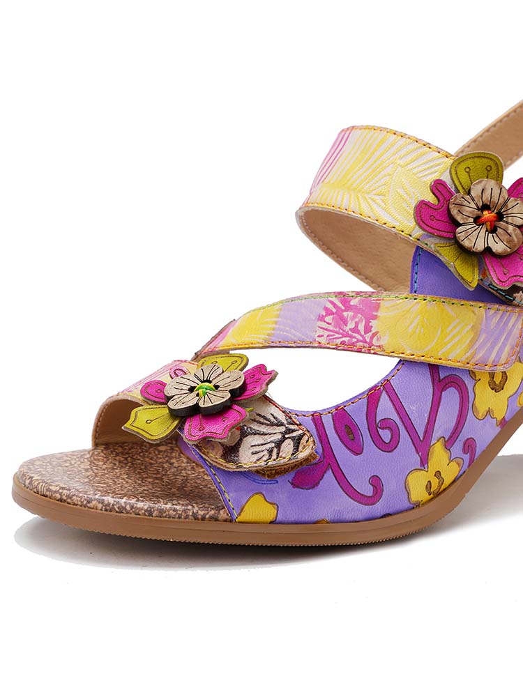 Sandales Confortables en Cuir Fait Main à Rayures Colorées et Talons